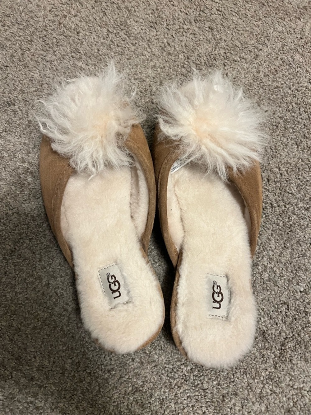 UGG Chestnut Suede Shearling Pom Pom Slip-Ons